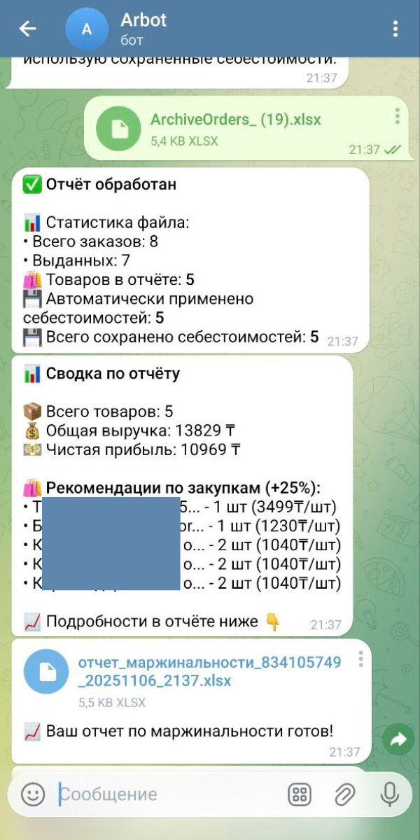 Пример анализа продаж и маржи в боте @kasarprofit_bot